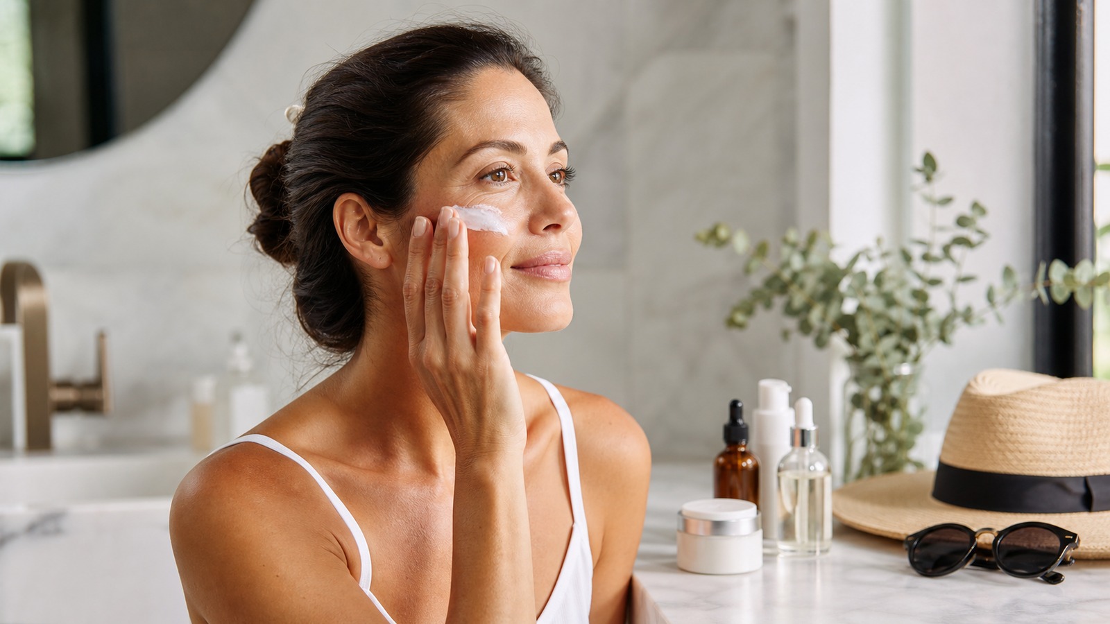 An adult applying sunscreen near simple skincare products with a hat and sunglasses in natural light.
