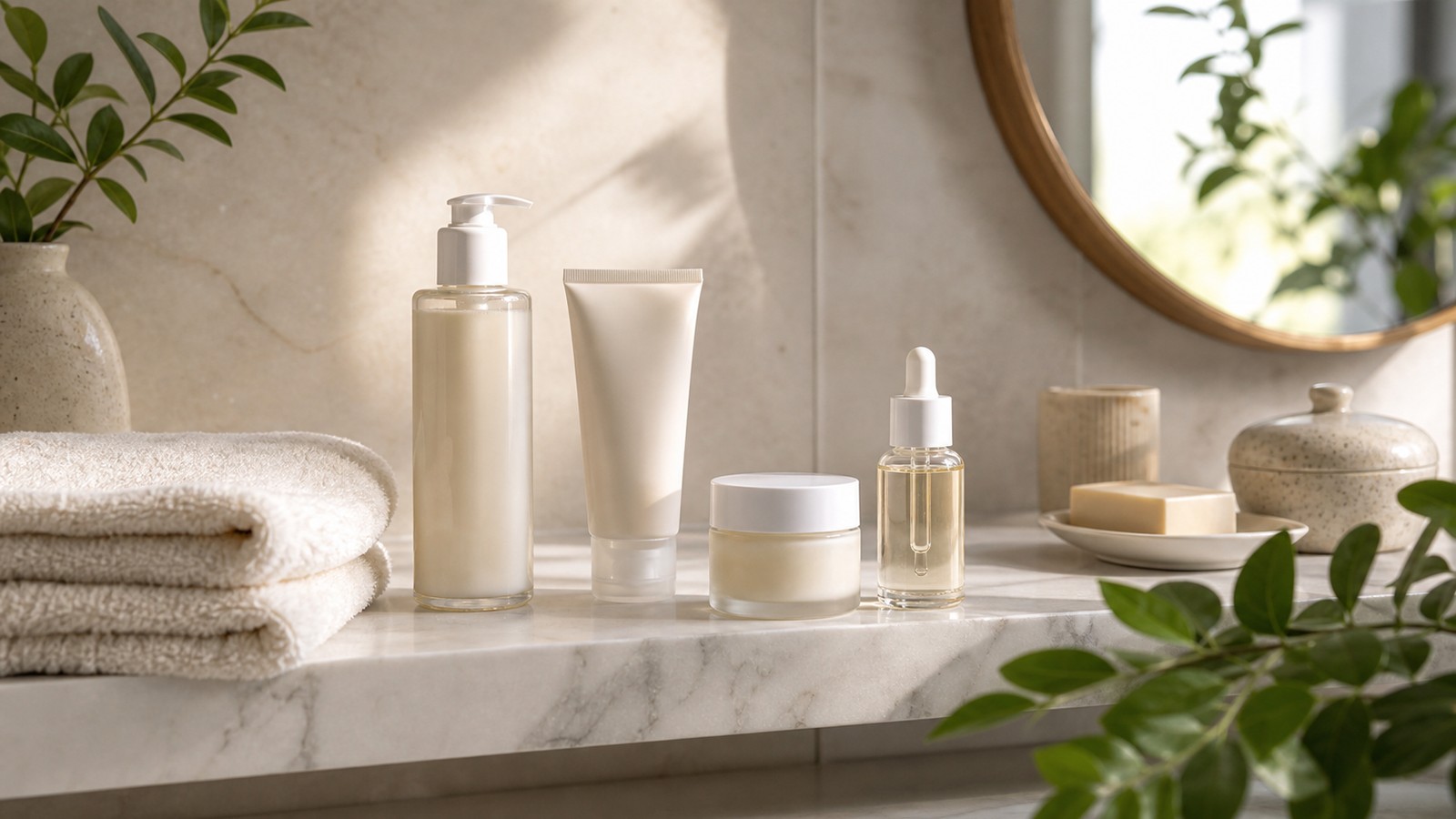 Unbranded cleanser, sunscreen, moisturizer, serum, and towel arranged as a simple anti-aging routine.
