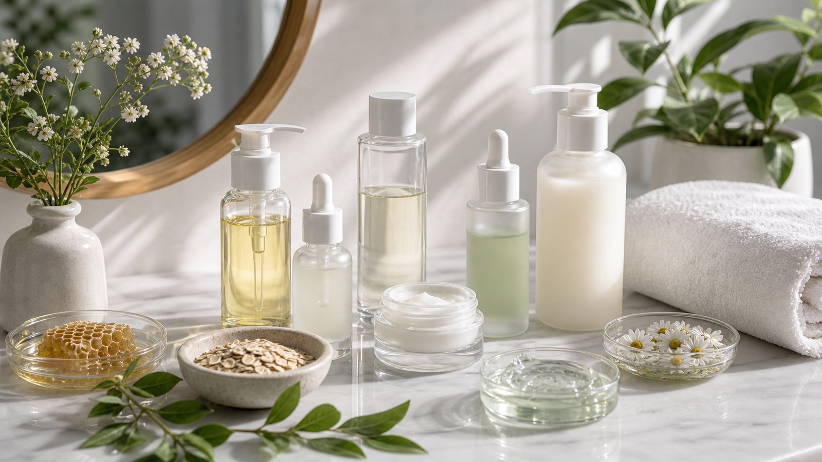 Unbranded clean beauty bottles and skincare textures arranged on a neutral vanity.