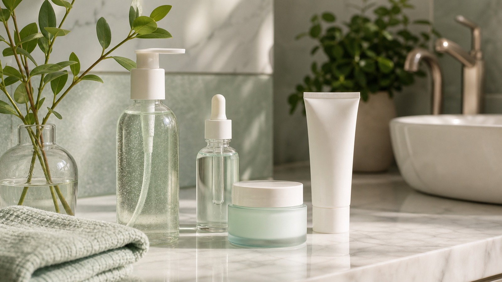 Gentle clean beauty skincare products for acne-prone skin arranged on a bathroom counter.