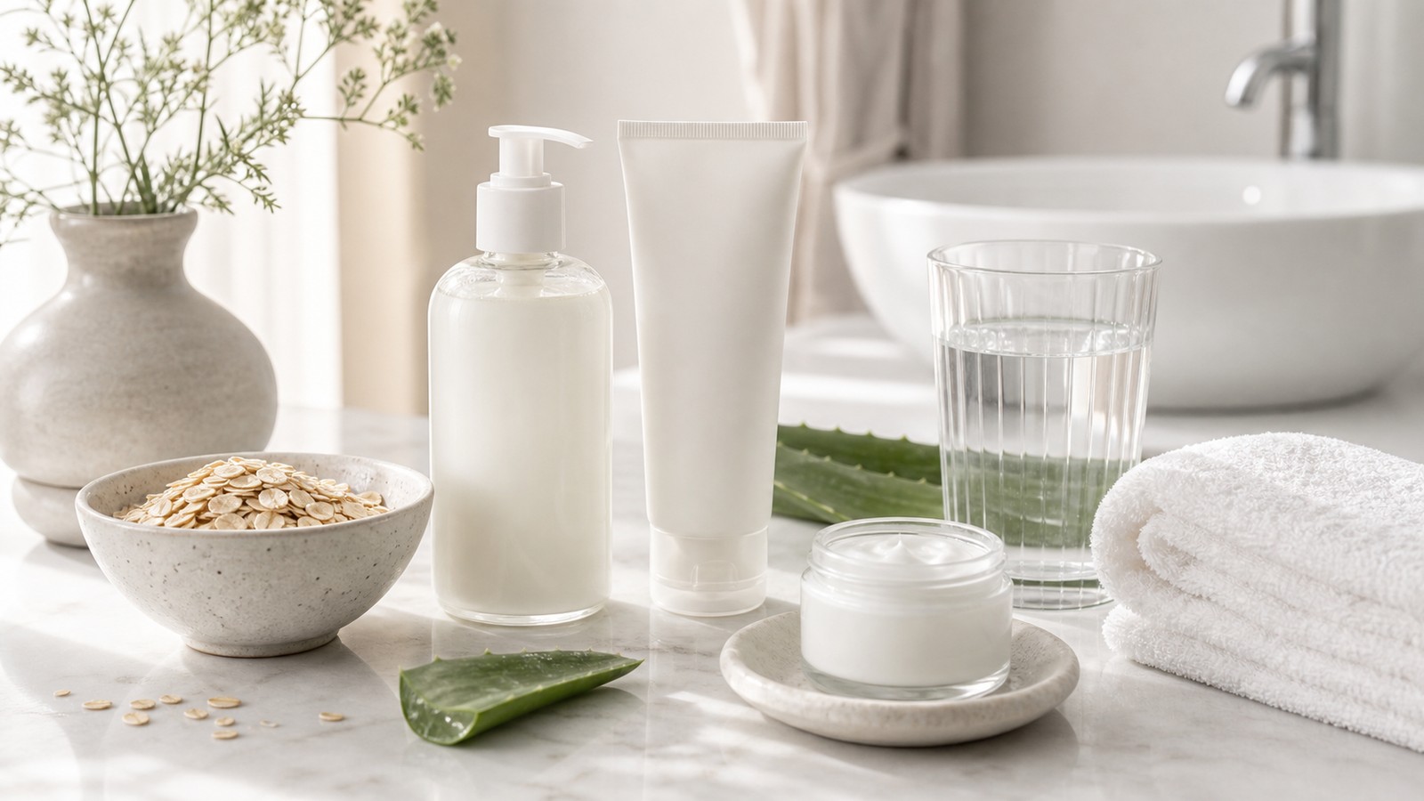 Sensitive-skin clean beauty setup with fragrance-free cream tube, gentle cleanser, oat bowl, aloe, cotton towel, and water glass.
