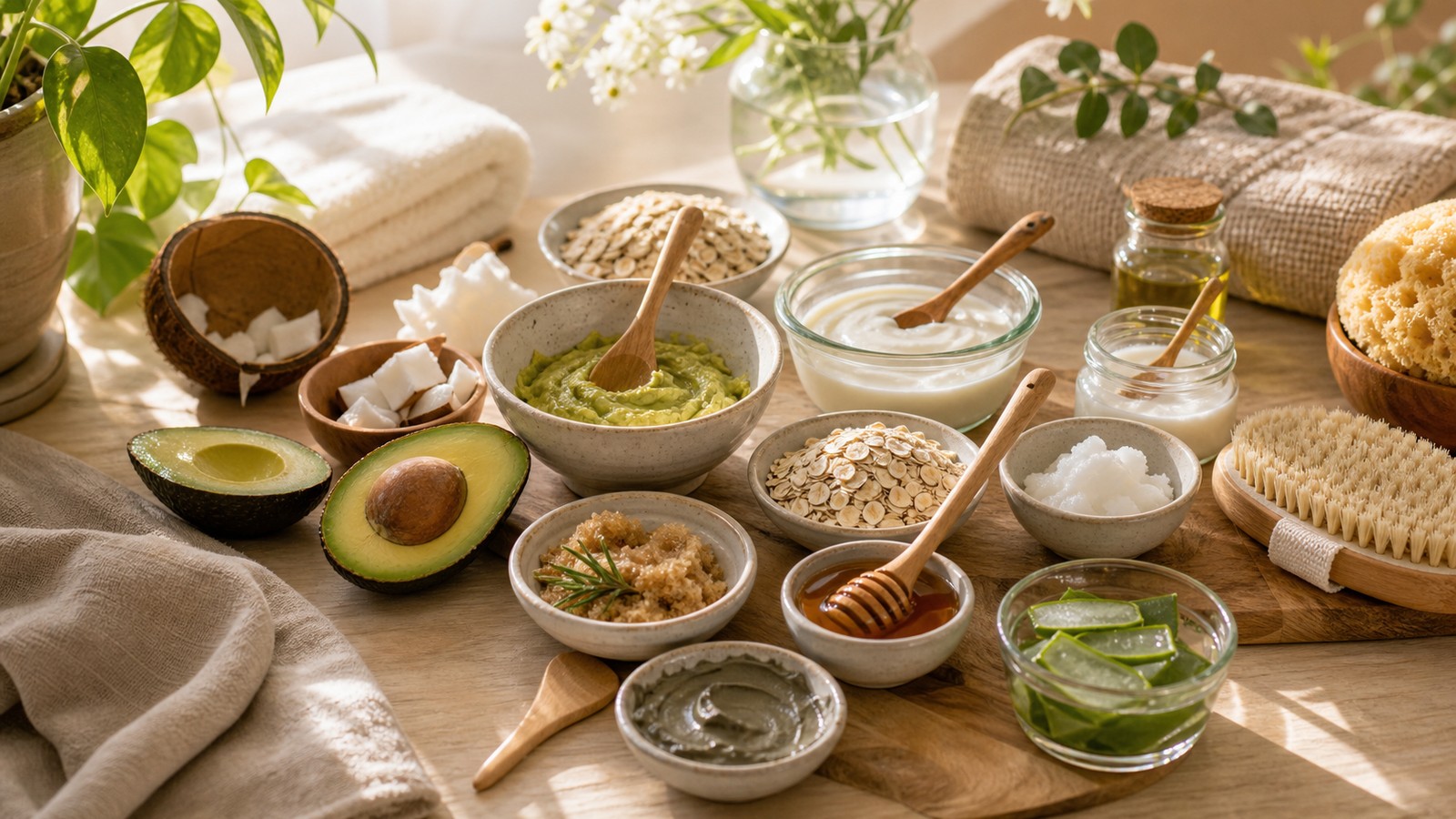 Natural DIY beauty treatment ingredients for face, hair, and body arranged on a sunny table.