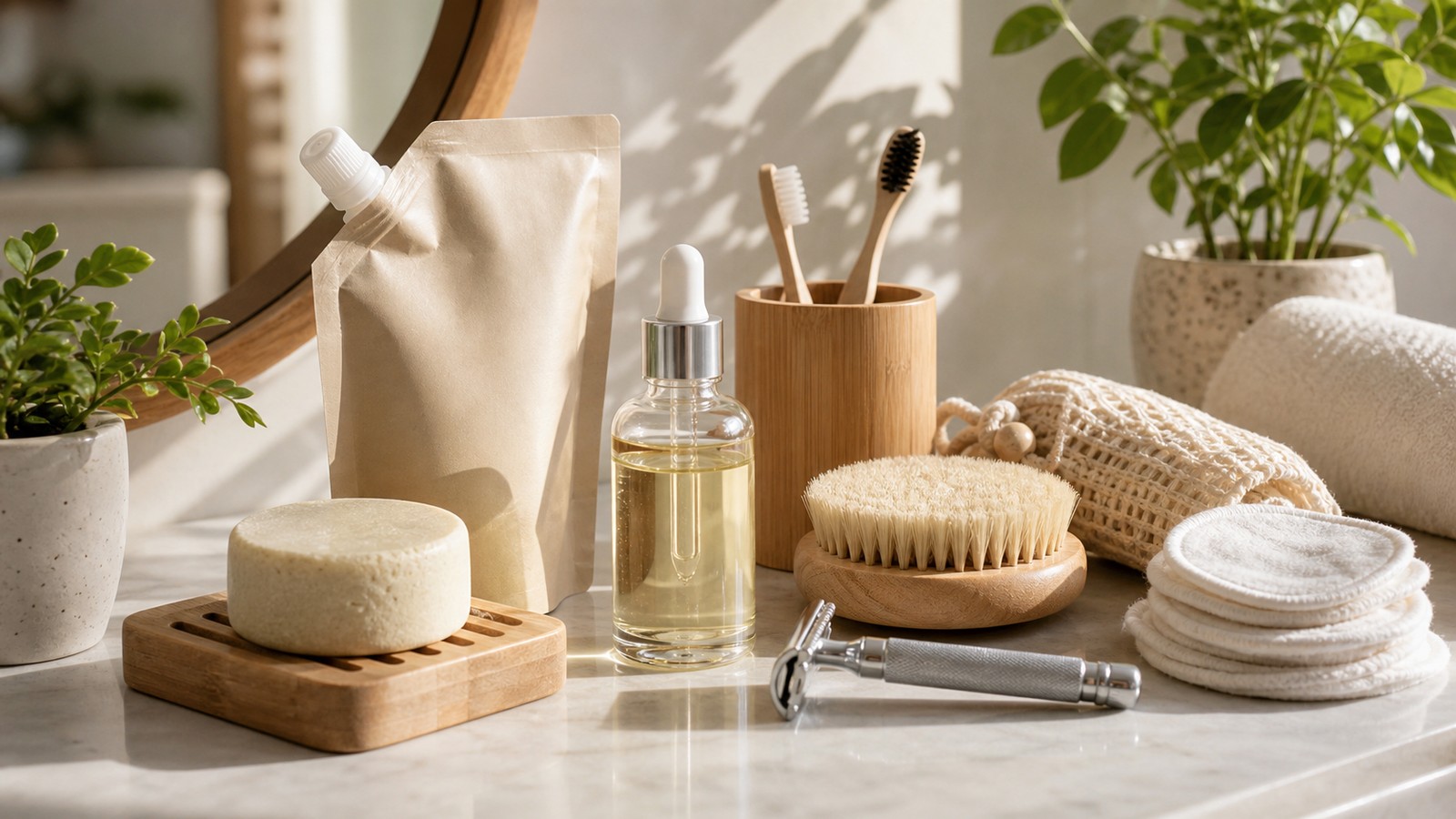 Eco-friendly beauty products including solid bar, refill pouch, glass serum, wooden brush, metal razor, and reusable pads.