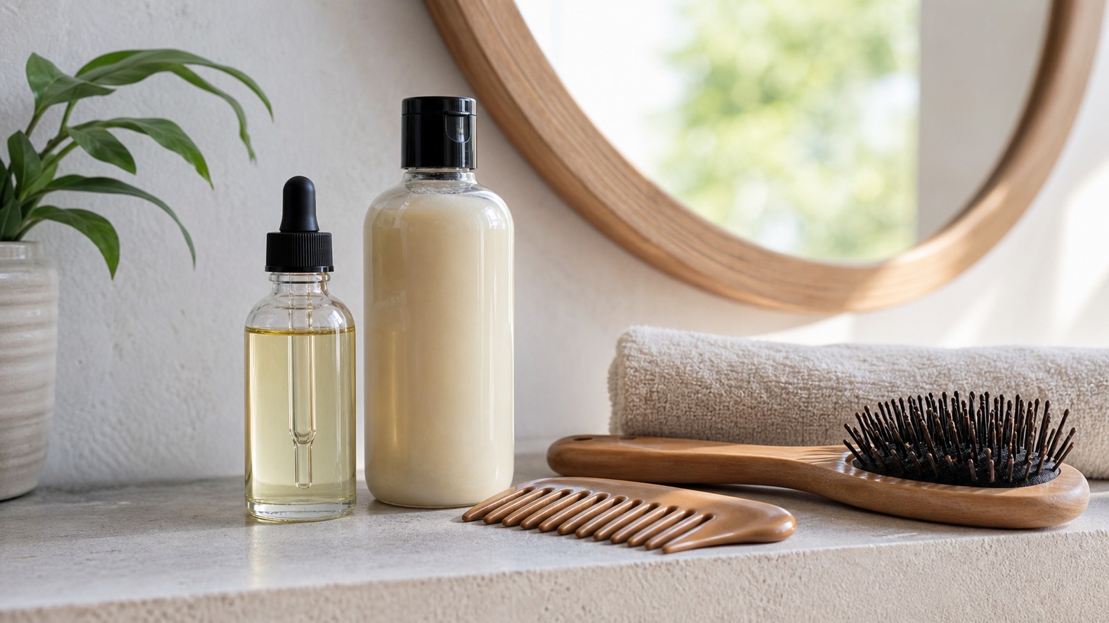 Unbranded scalp serum, shampoo, comb, brush, and towel arranged on a clean bathroom shelf.
