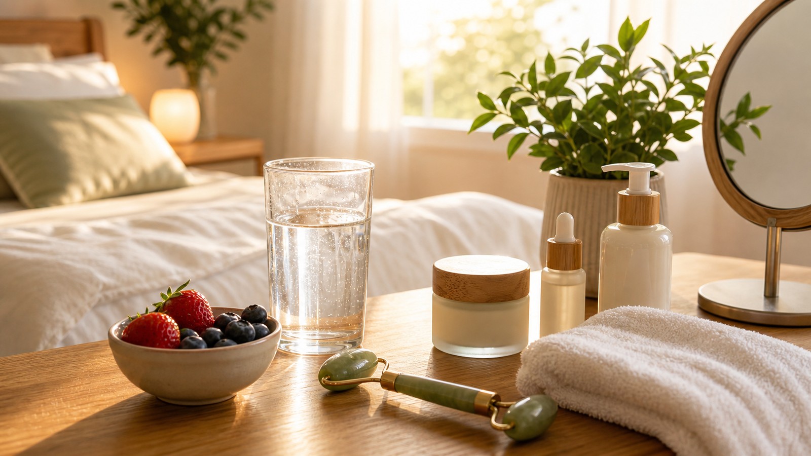 Morning vanity with water, berries, towel, plant, and facial roller arranged in soft sunrise light.