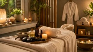 Serene spa room with massage table, warm towels, stones, robe, water bowl, and greenery.