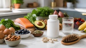 Whole foods, a plain supplement bottle, water glass, and comb on a bright kitchen counter.