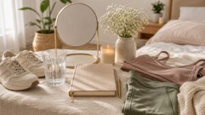A relaxed person choosing comfortable clothing in a bright bedroom with calm, confident posture.