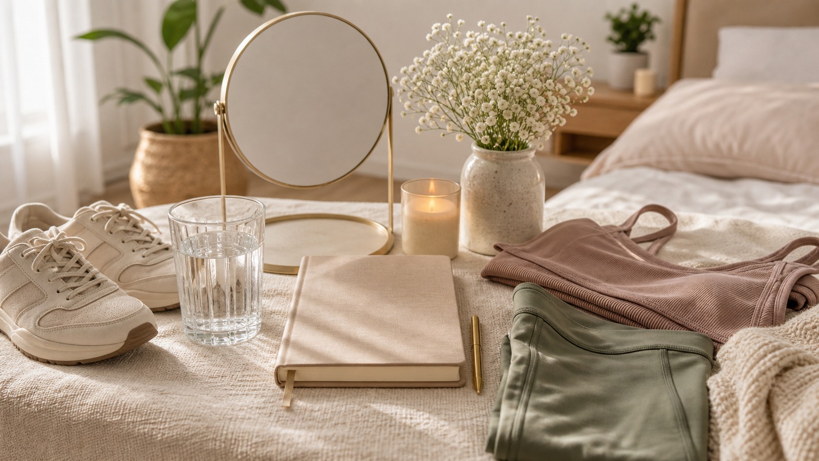 A relaxed person choosing comfortable clothing in a bright bedroom with calm, confident posture.