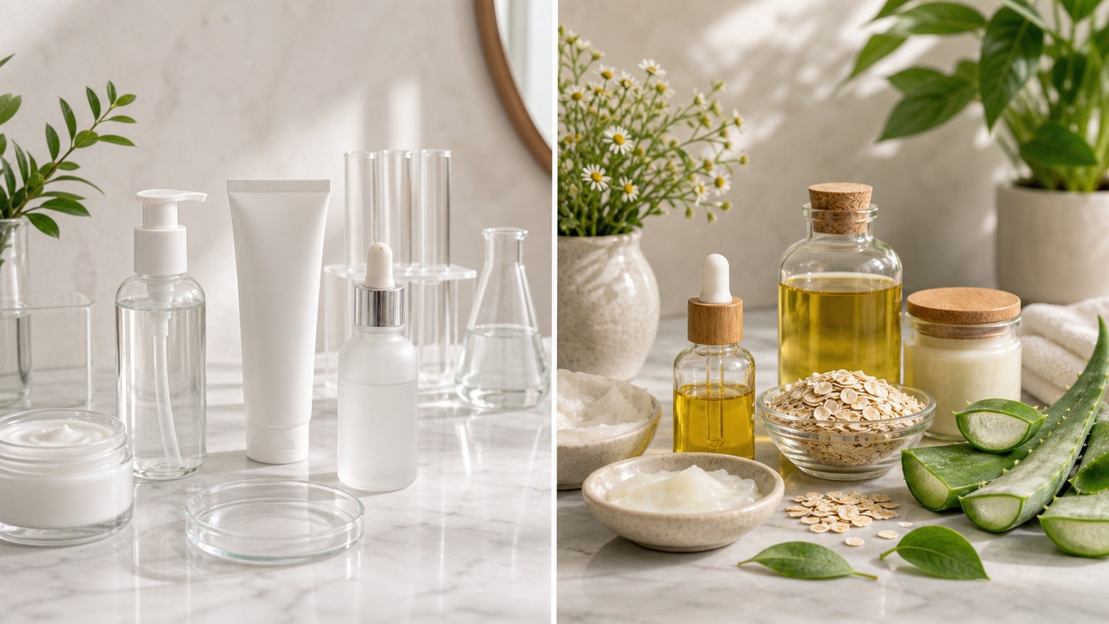 Clean and natural beauty products arranged side by side with botanical textures and simple bottles.