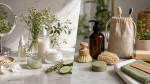 Clean beauty and sustainable beauty products arranged in a balanced side-by-side comparison without labels.