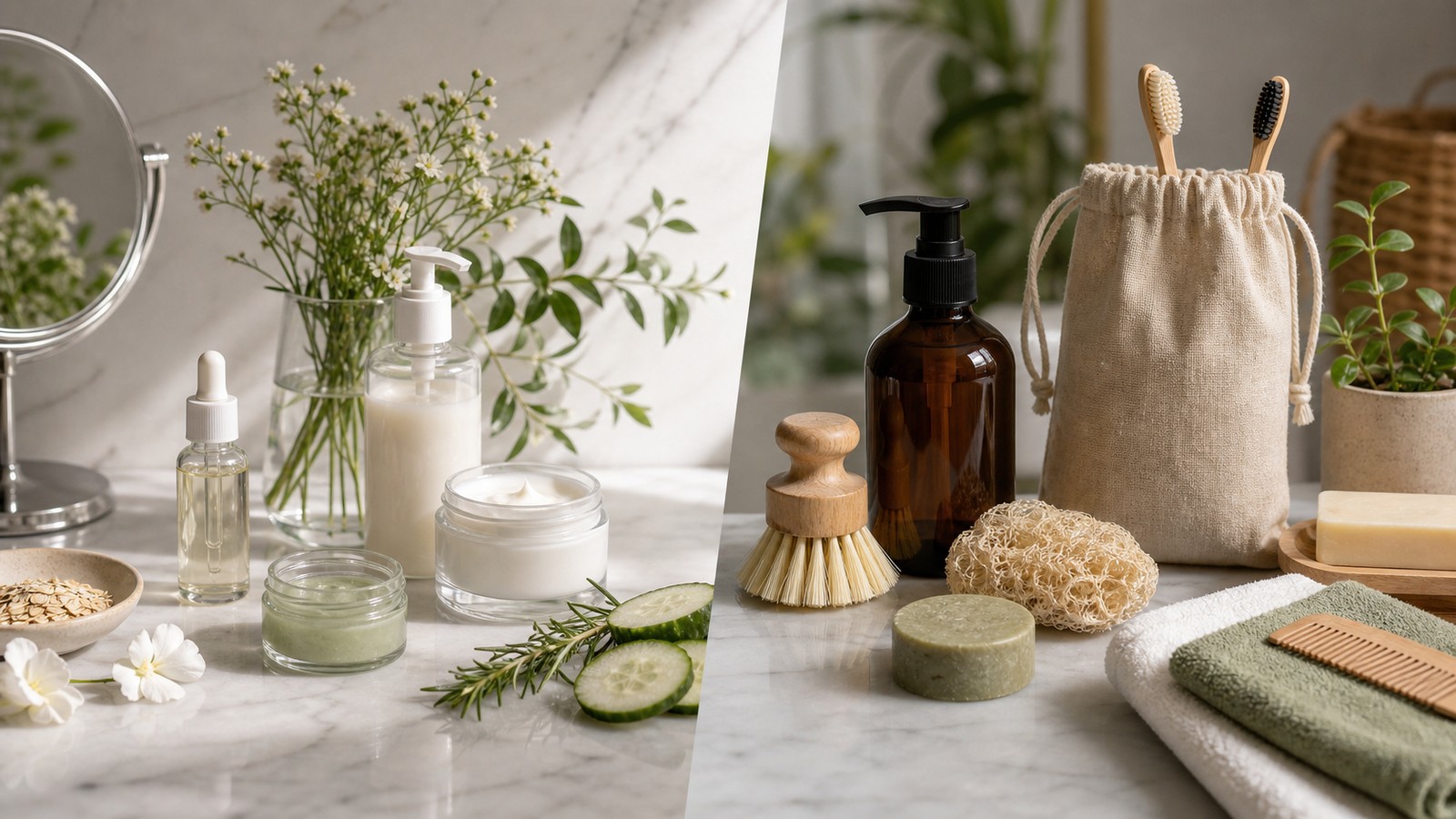 Clean beauty and sustainable beauty products arranged in a balanced side-by-side comparison without labels.