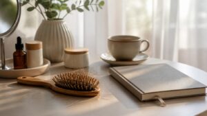 A calm vanity scene with a hairbrush, loose strands, tea, and a closed journal in soft daylight.