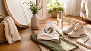 A confident morning routine scene with comfortable clothes, skincare, and a person standing calmly in soft natural light.