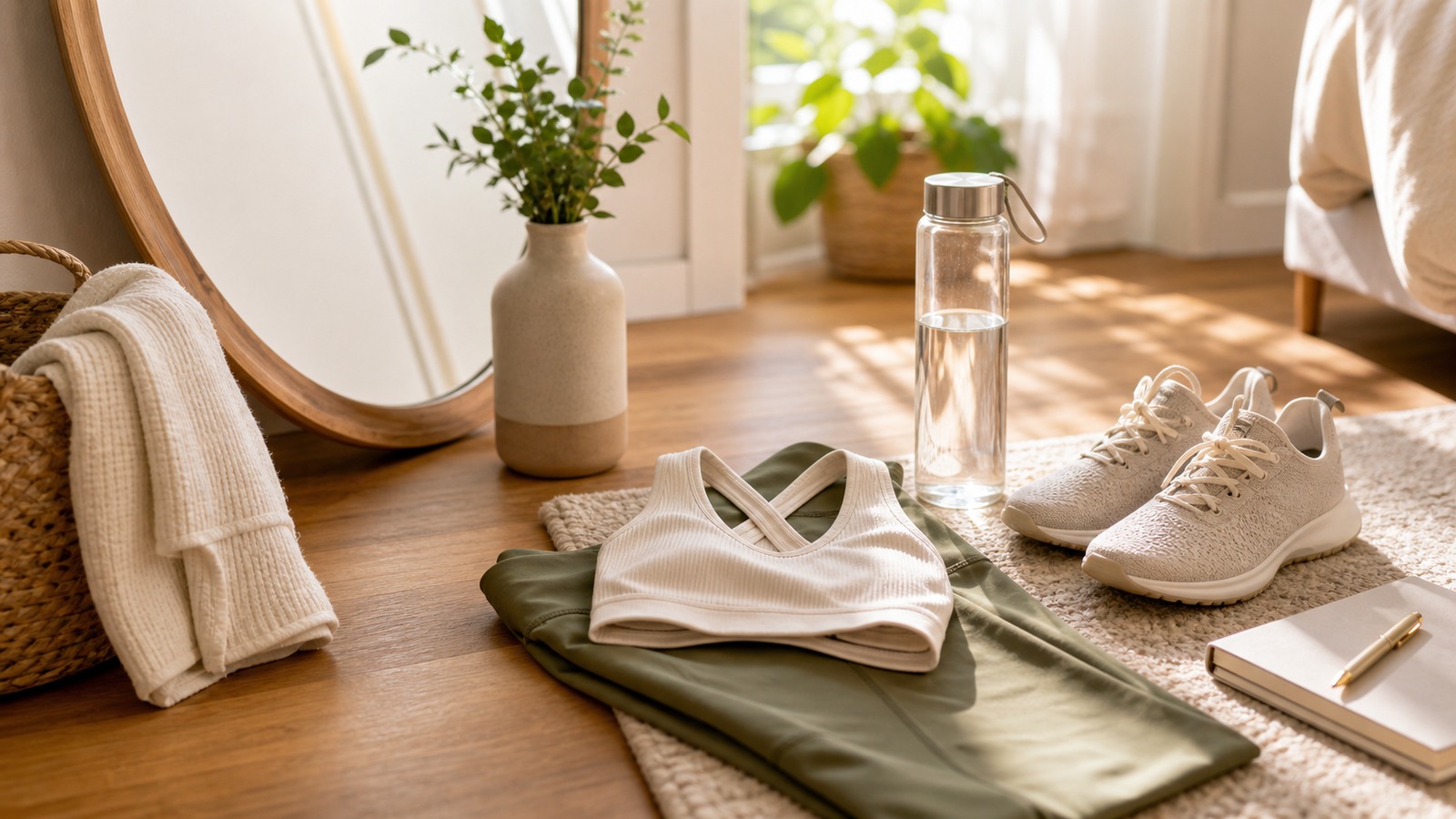 A confident morning routine scene with comfortable clothes, skincare, and a person standing calmly in soft natural light.