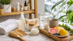 A daily holistic beauty routine layout with skincare, comb, towel, water, tea, and fresh citrus in soft morning light.