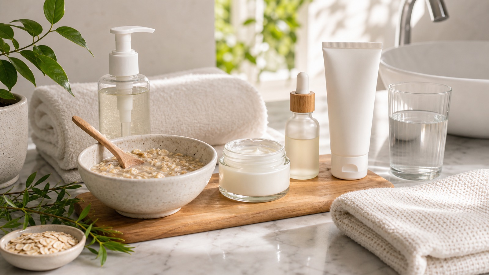 Fresh DIY skincare ingredients with a towel, small bowl, and gentle at-home facial tools on a bright counter.