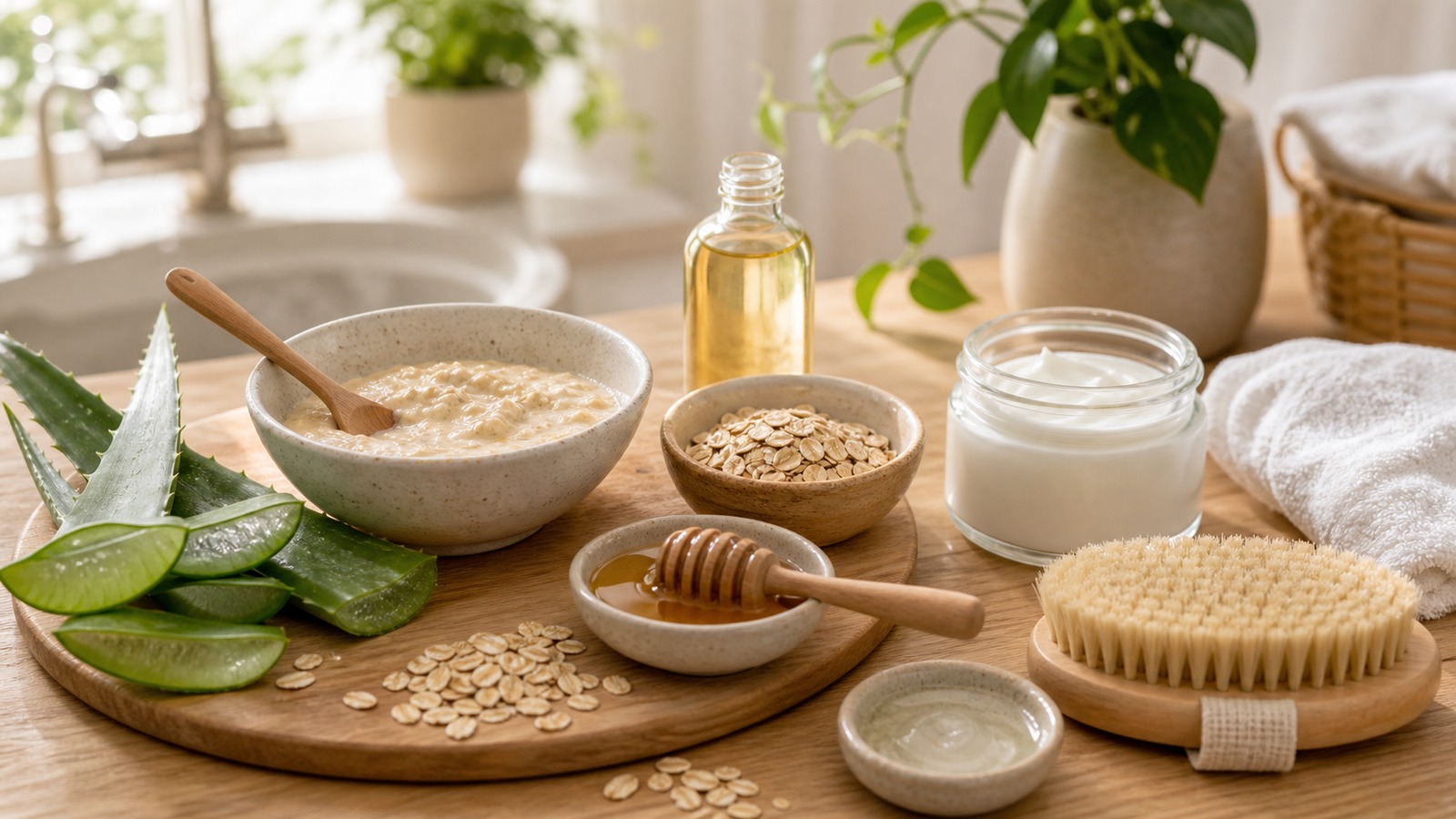 Simple homemade beauty treatment ingredients for face, body, and hair arranged beside clean towels and bowls.