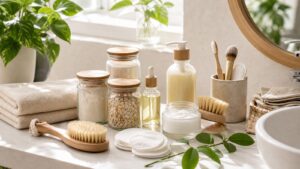 Green beauty beginner products with refillable jars, bamboo brush, reusable pads, plant, and unbranded containers.