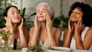 Diverse adults practicing gentle skincare and facial massage in a bright wellness studio.