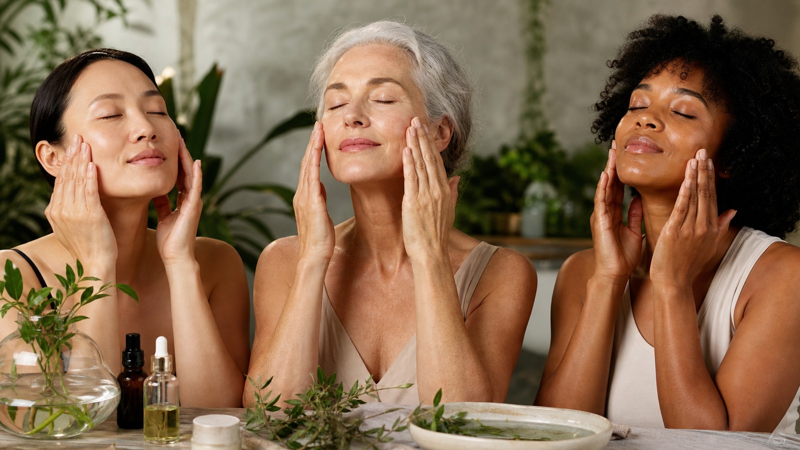 Diverse adults practicing gentle skincare and facial massage in a bright wellness studio.