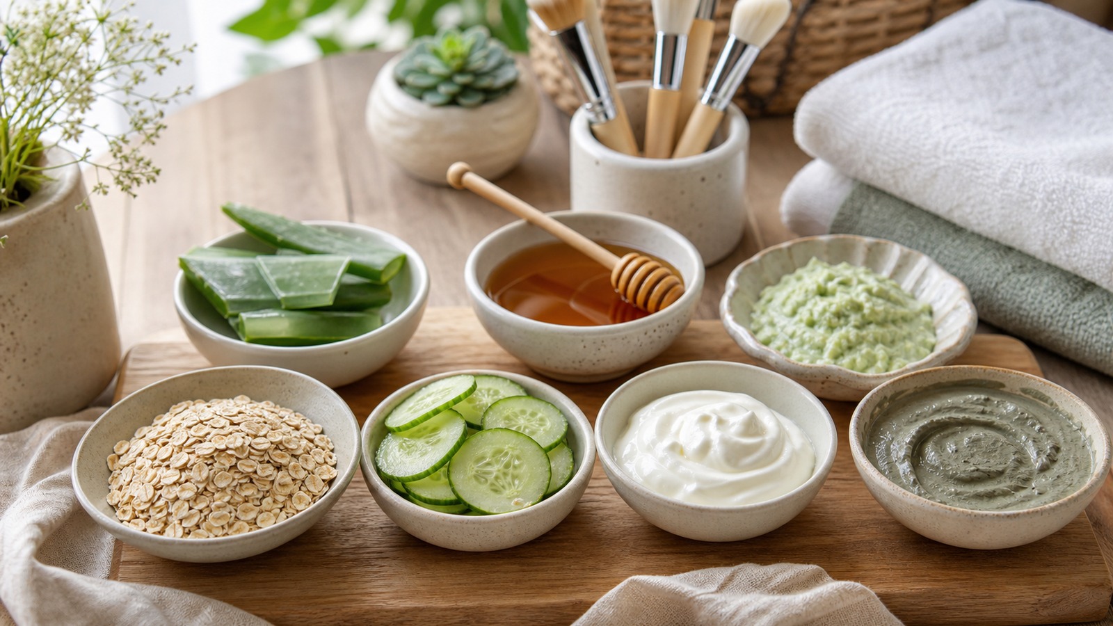 Separate bowls of gentle homemade face mask ingredients arranged for different skin types.