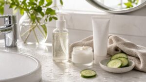Bright bathroom sink with unbranded skincare, cucumber, towel, and fresh water droplets.