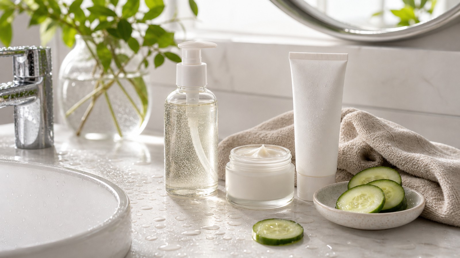 Bright bathroom sink with unbranded skincare, cucumber, towel, and fresh water droplets.