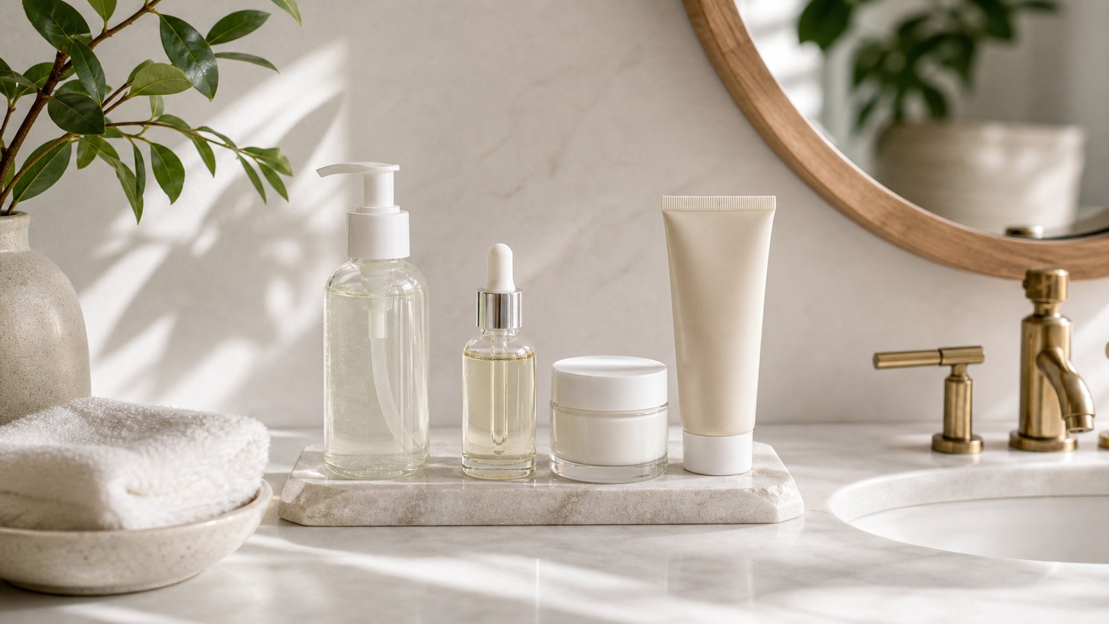 Minimal clean beauty routine with cleanser, moisturizer, sunscreen, serum, towel, and tray.