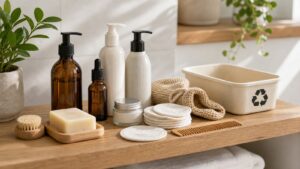 Organized sustainable beauty shelf with refillable bottles, bar soap, washable pads, bamboo comb, and recycling tray.