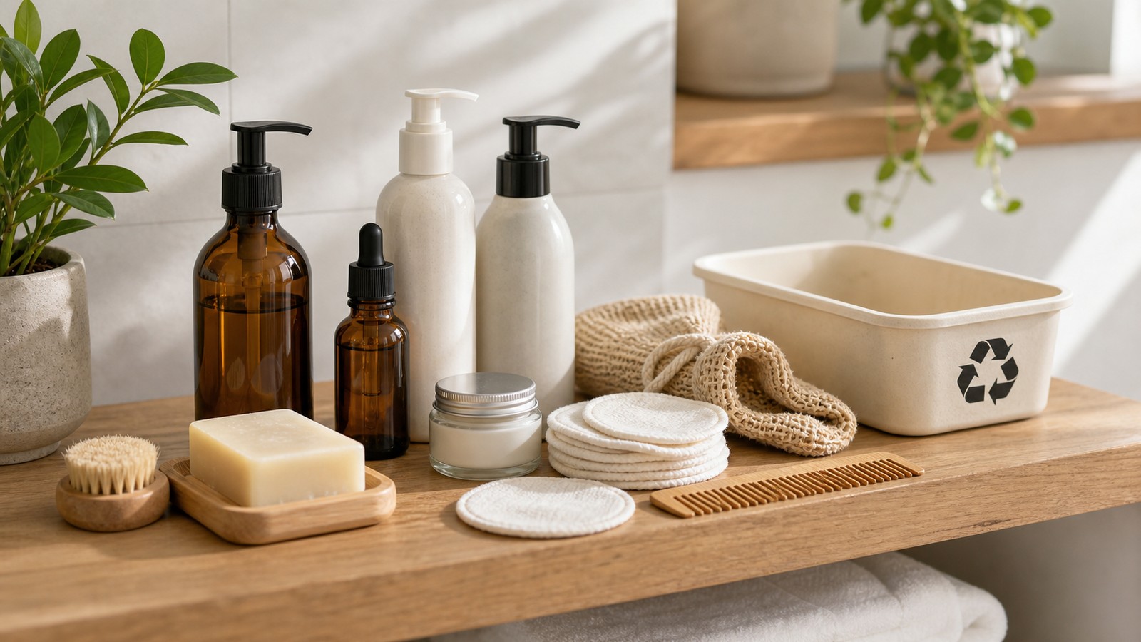 Organized sustainable beauty shelf with refillable bottles, bar soap, washable pads, bamboo comb, and recycling tray.