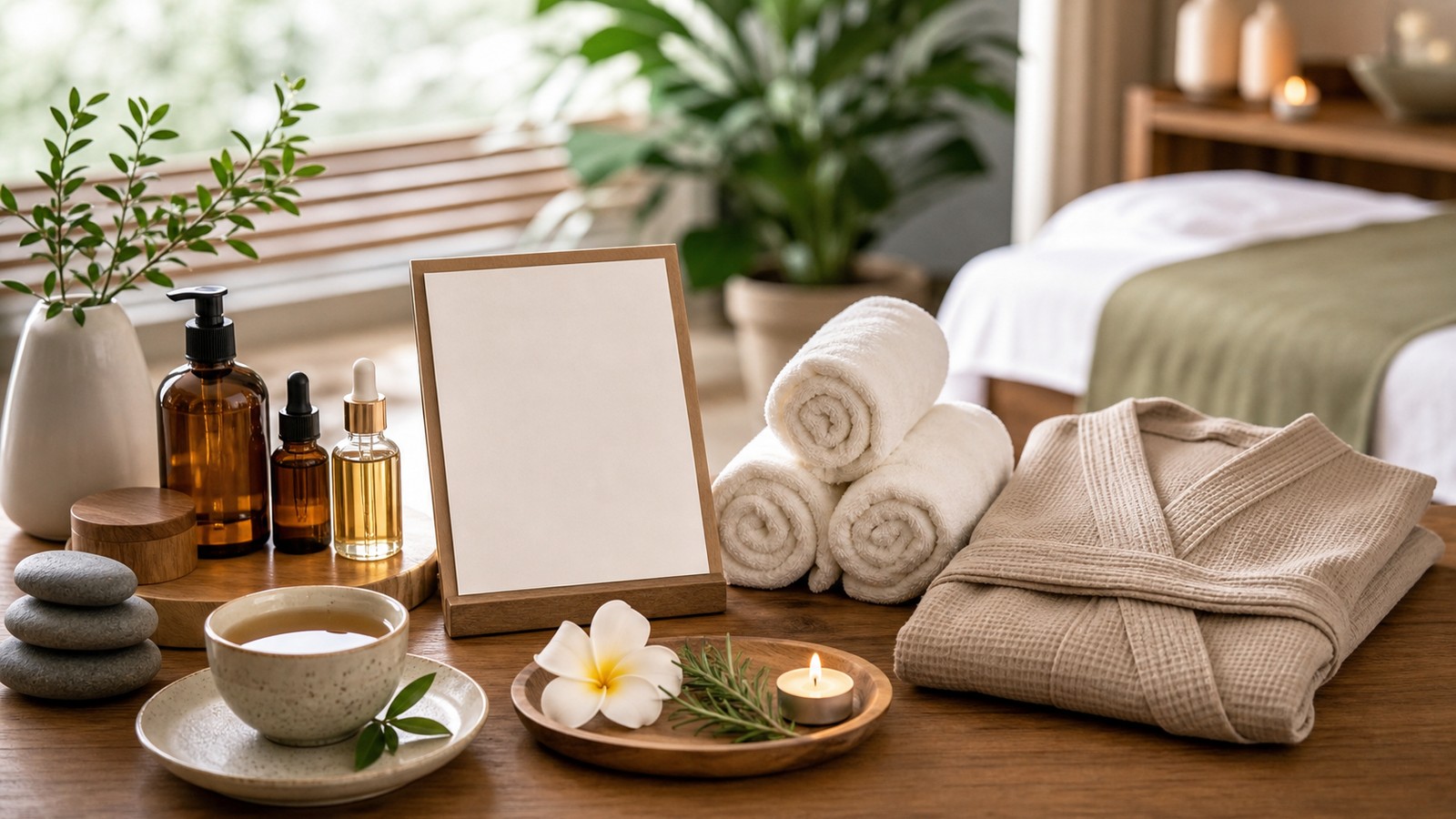 Spa consultation table with towels, oils, stones, robe, tea, and a blank card without writing.