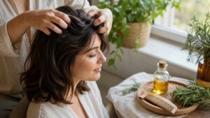 A gentle scalp massage scene with healthy hair, a wooden comb, and simple natural hair-care products.