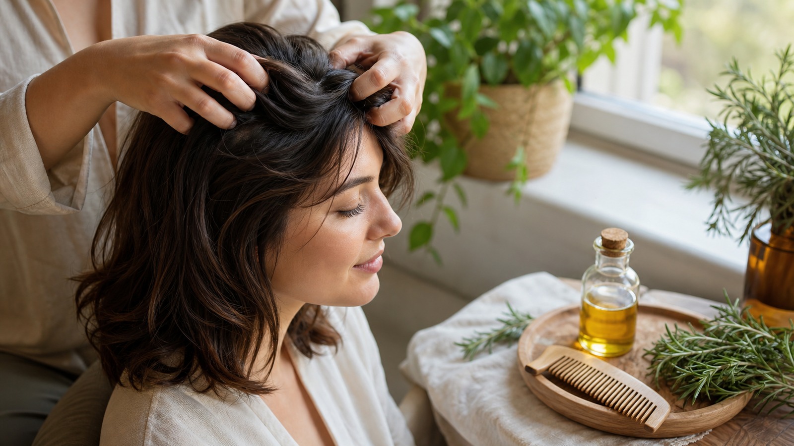 A gentle scalp massage scene with healthy hair, a wooden comb, and simple natural hair-care products.