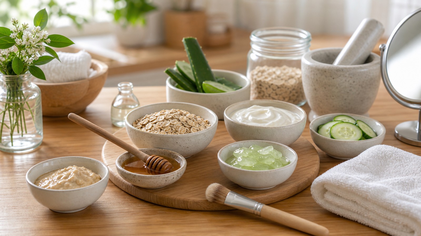 DIY face mask ingredients with oats, honey, aloe, cucumber, ceramic bowls, towel, and brush.