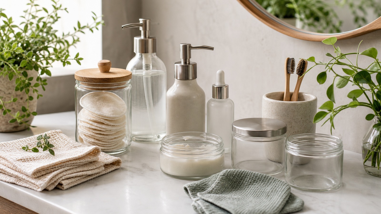 Reusable beauty tools and plain refillable skincare containers arranged on a clean vanity.
