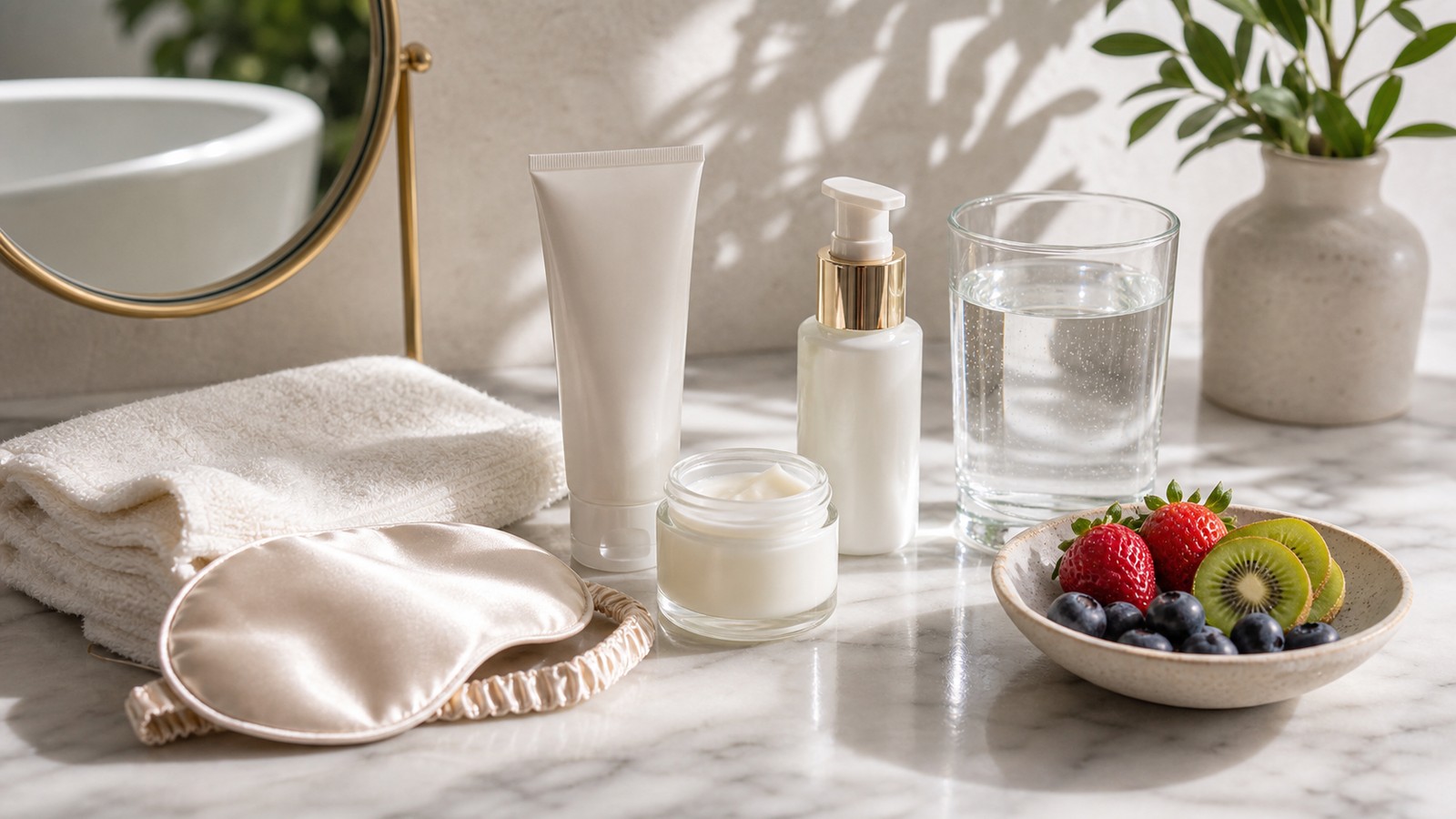 Natural wrinkle-support still life with sunscreen, moisturizer, sleep mask, water, fruit, and towel.