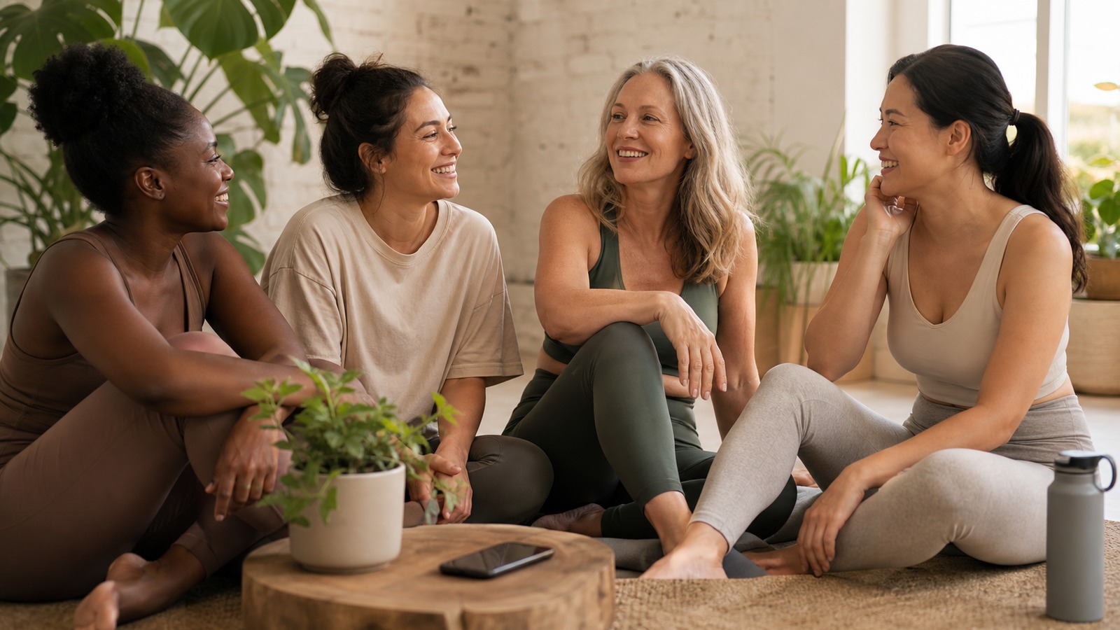 Diverse adults in comfortable clothing gathered in a bright studio with one phone turned face down.