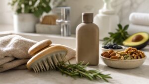 Natural scalp care tools with rosemary, gentle shampoo, a towel, and nourishing foods on a bright bathroom counter.