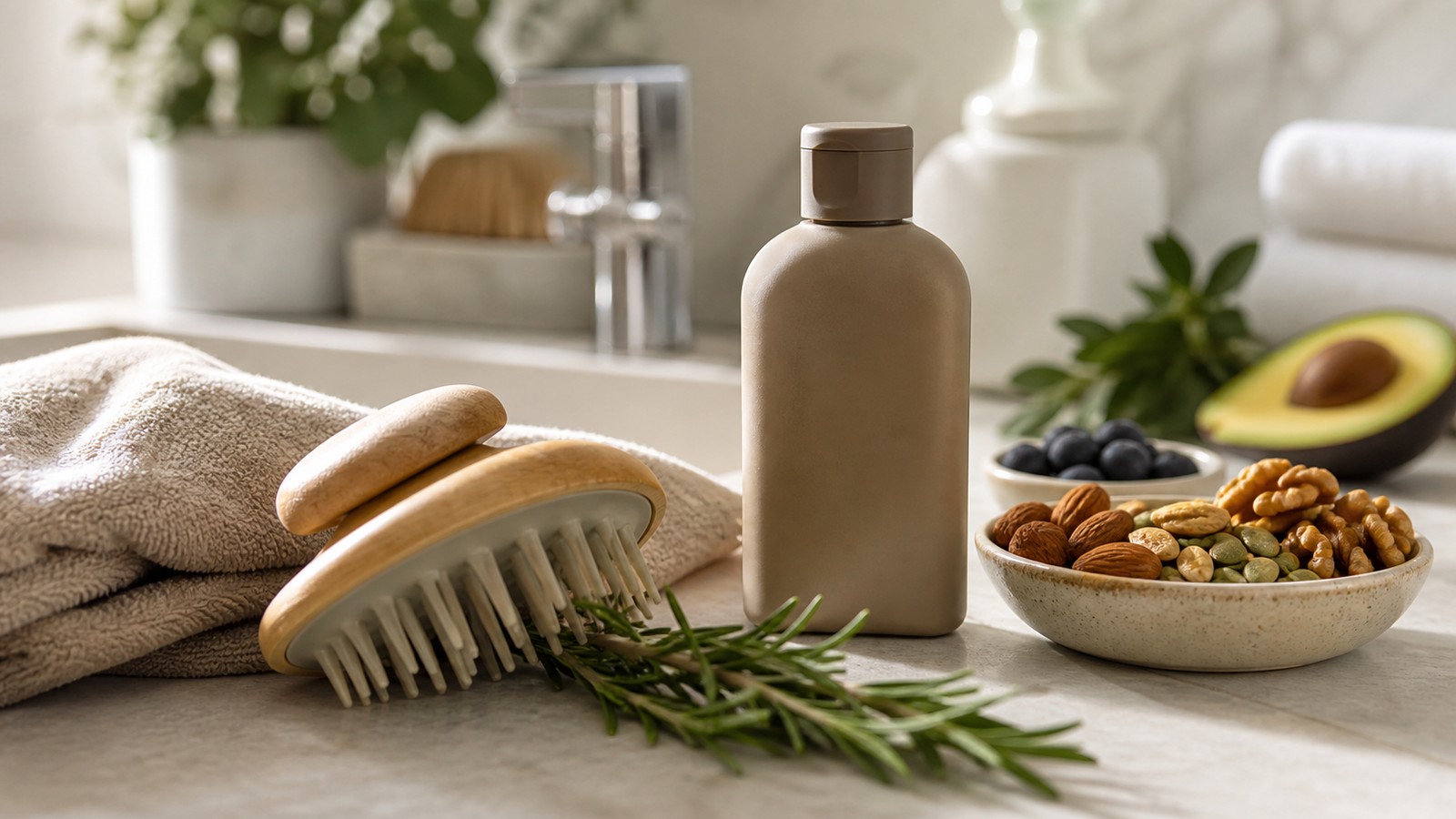 Natural scalp care tools with rosemary, gentle shampoo, a towel, and nourishing foods on a bright bathroom counter.