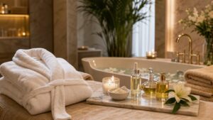 Luxury spa suite with robe, marble tray, warm towels, soaking tub, candlelight, oils, and greenery.