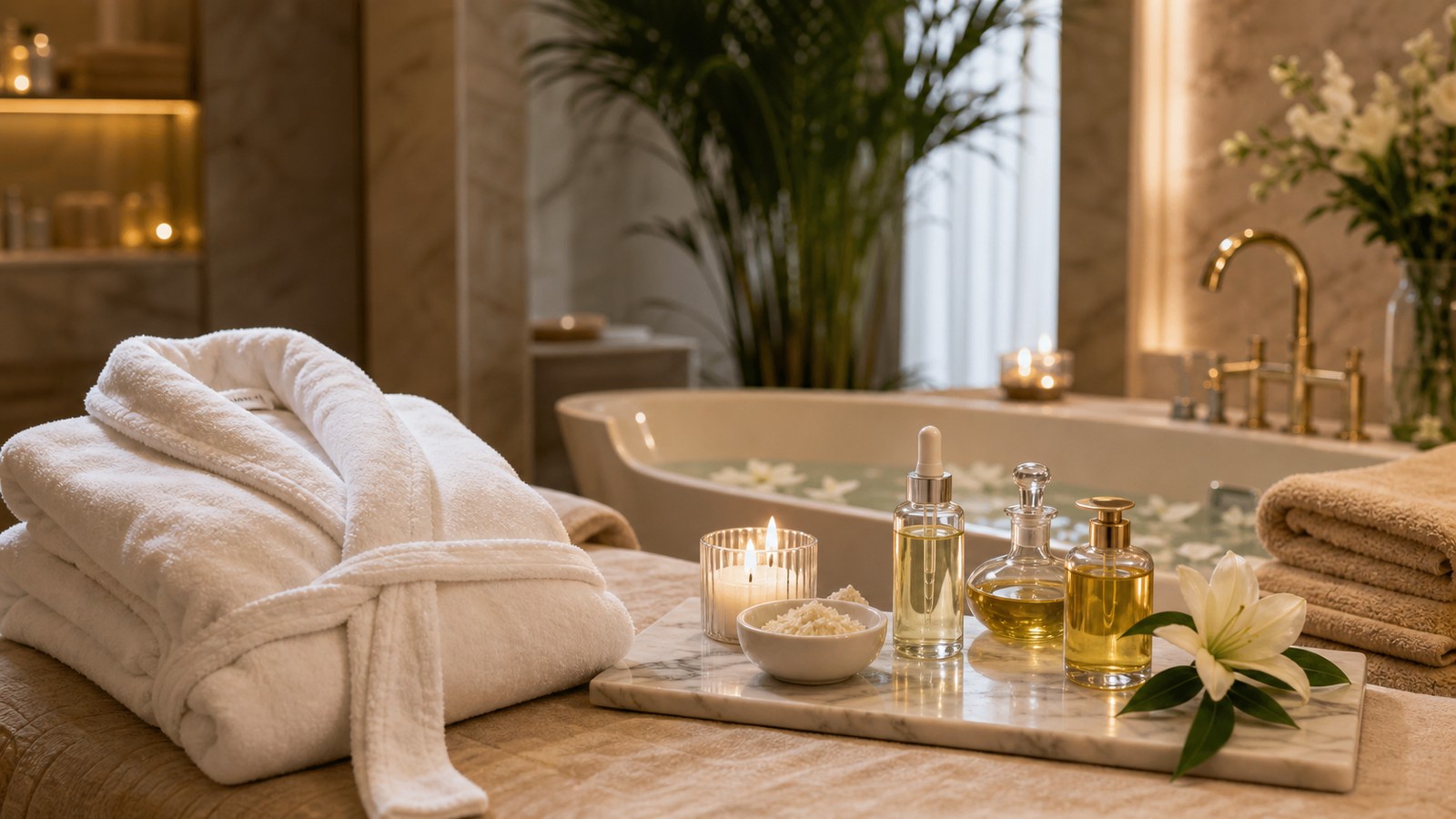 Luxury spa suite with robe, marble tray, warm towels, soaking tub, candlelight, oils, and greenery.