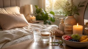 A peaceful bedroom vanity with water, skincare, fruit, candle, and silk pillowcase in morning light.