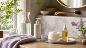 Gentle dry-skin skincare products on a bright vanity with a soft towel and rich moisturizer.