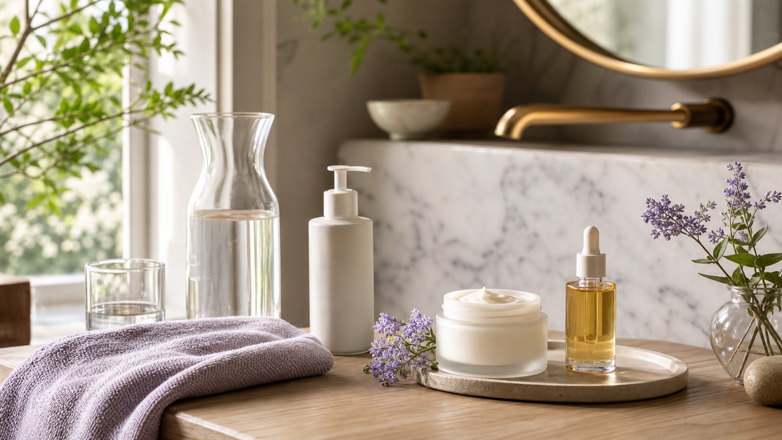 Gentle dry-skin skincare products on a bright vanity with a soft towel and rich moisturizer.