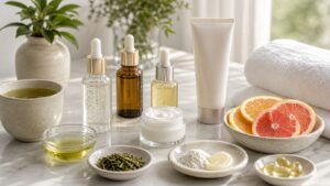 Unbranded anti-aging skincare ingredients and products with serum droppers, cream, sunscreen, citrus, green tea, and towel.