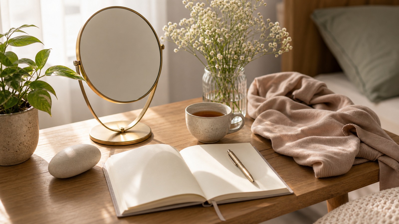 A calm editorial wellness scene with diverse adults practicing relaxed movement and reflection in a bright studio.