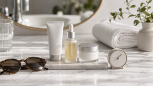Evidence-focused anti-aging skincare still life with sunscreen, serum, moisturizer, sunglasses, and a plain circular object.