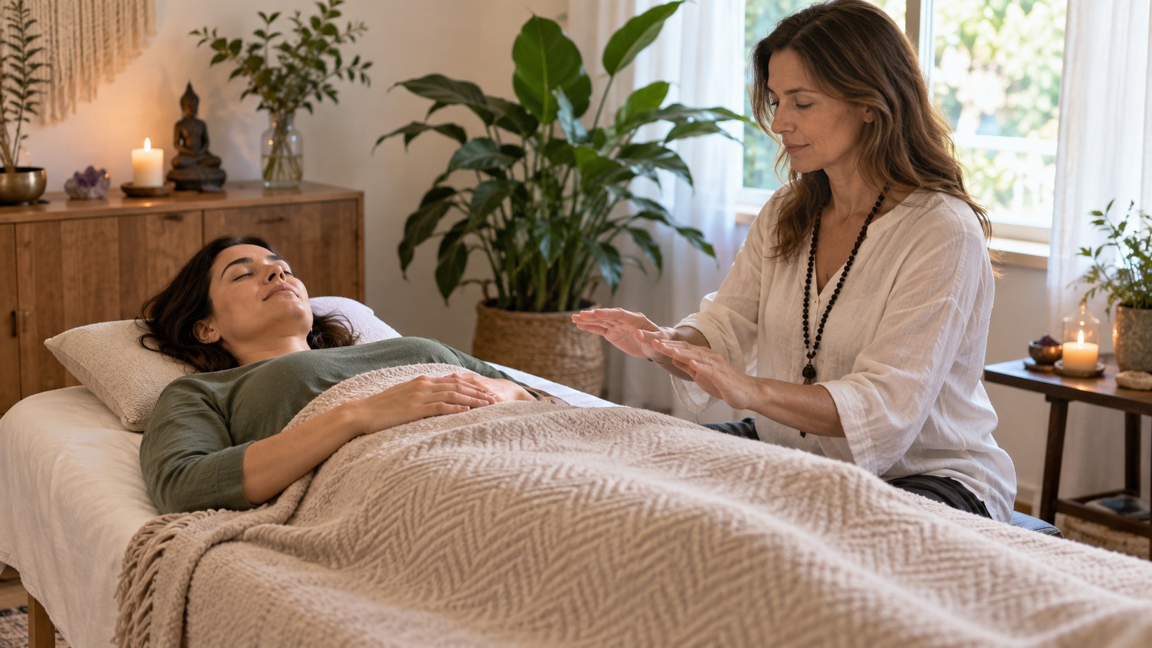 Reiki practitioner seated near a resting fully clothed client in a serene treatment room