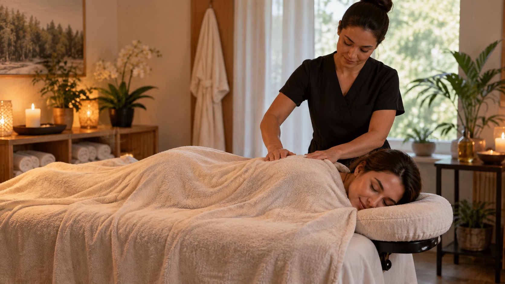Professional massage therapy session in a calm spa room with a fully draped client